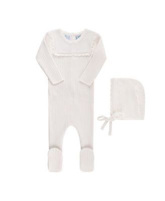 Unisex Scallop Trimmed Rib Knit Romper & Bonnet - Baby