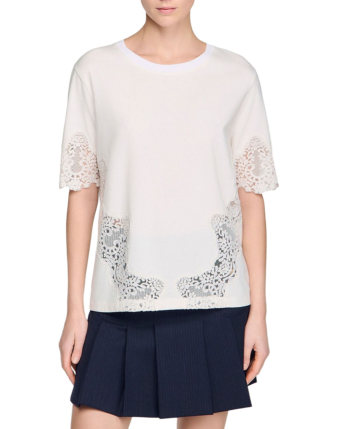 Sandro Cotton Tee with Lace Detail