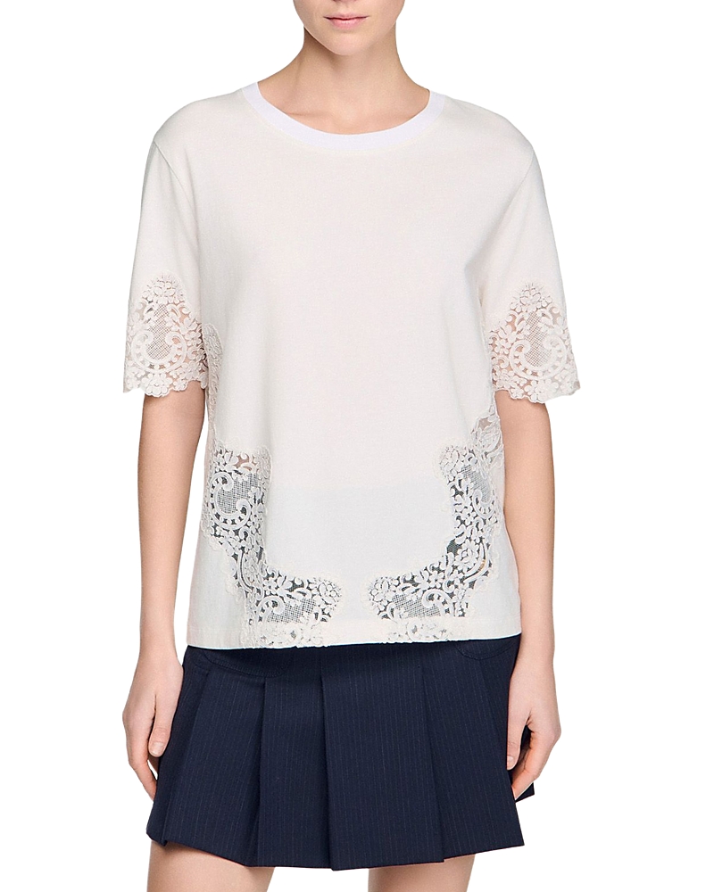 Sandro Cotton Tee with Lace Detail