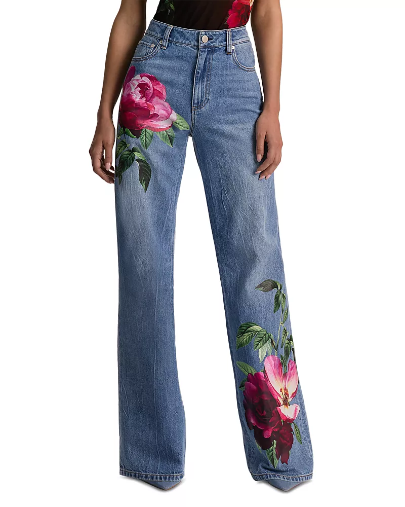 Alice and Olivia Chic High Rise Full Length Rose Print Jeans in Denver Bright Blue