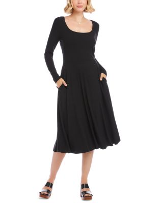Long Sleeve Ribbed Scoop Neck A Line Dress 