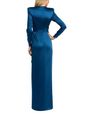  Petite Long Sleeve Satin Structured Bow Draped Column Gown