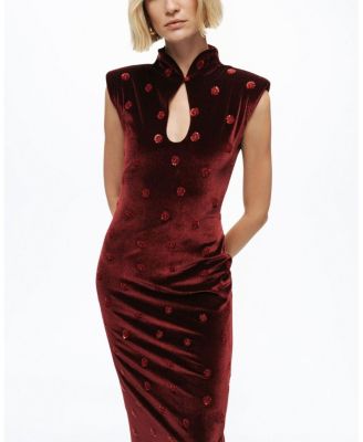 Mandarin-Collar Velvet Midi Dress