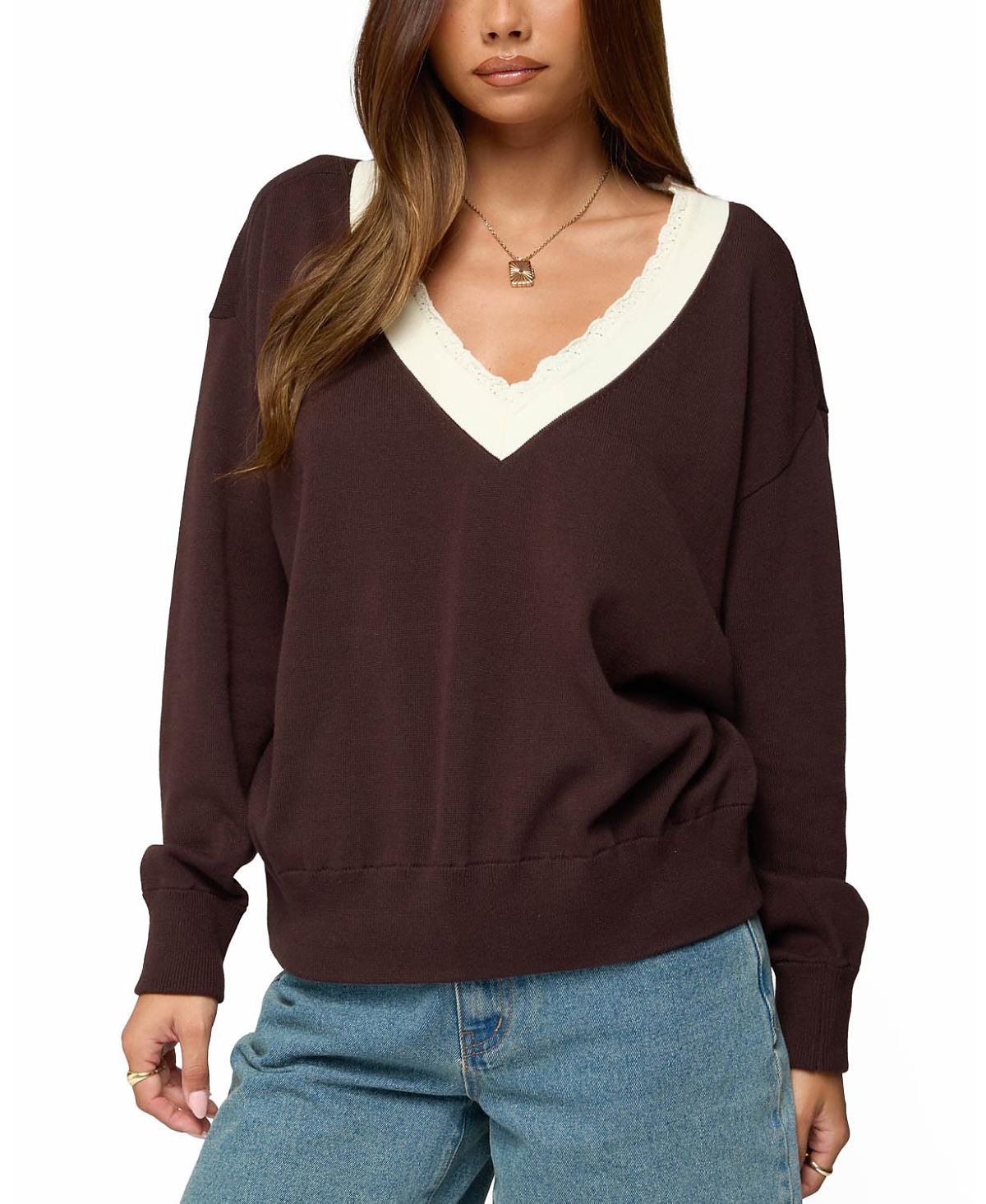 Edikted Marie Contrast Lacey V Neck Sweater