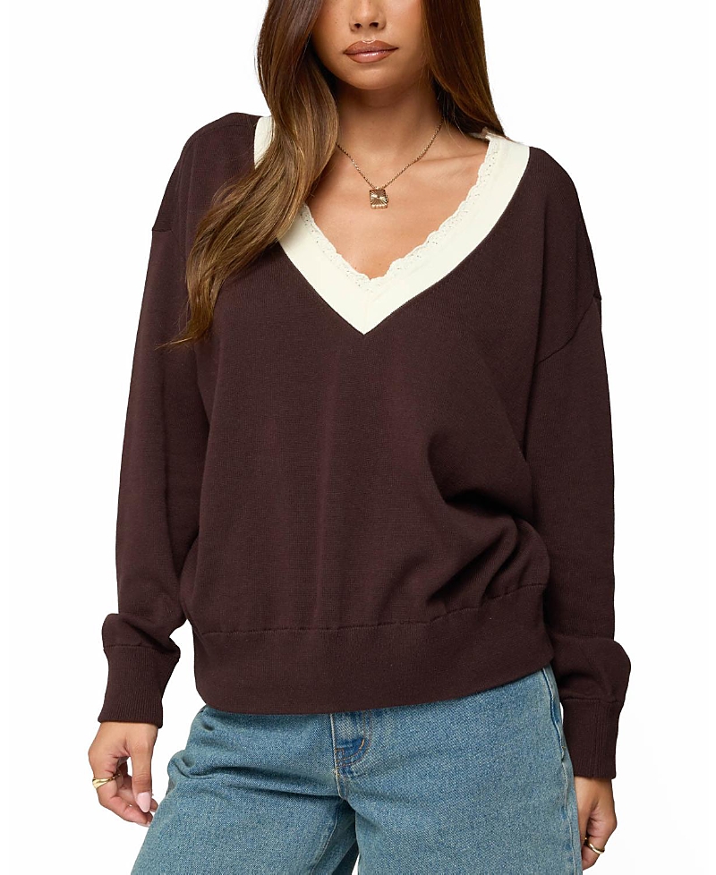 Edikted Marie Contrast Lacey V Neck Sweater