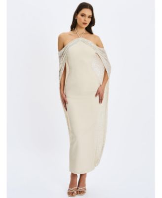  Quimera Beaded Cape Halter Off-Shoulder Maxi Gown