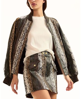  Snake Embossed Leather Bomber Jacket