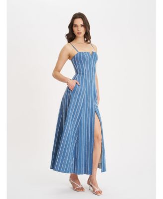  Abygail Stripe Cotton Denim Maxi Dress