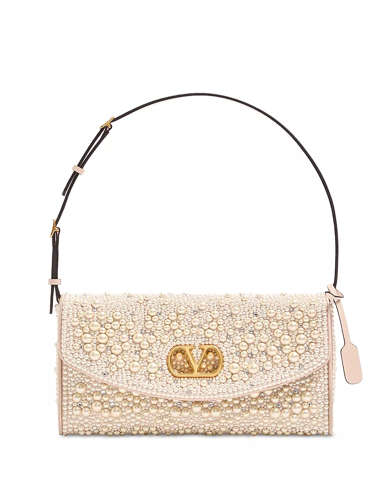 Valentino Garavani DeVain VLogo Small Shoulder Bag With Pearls And Rhinestones
