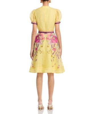 Silken Linen Short Sleeve Placed Floral Print Dress