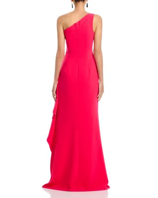 Crepe One Shoulder Side Drape Cascade Ruffle Gown