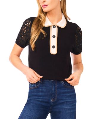Polo Collar Lace Sleeve Top