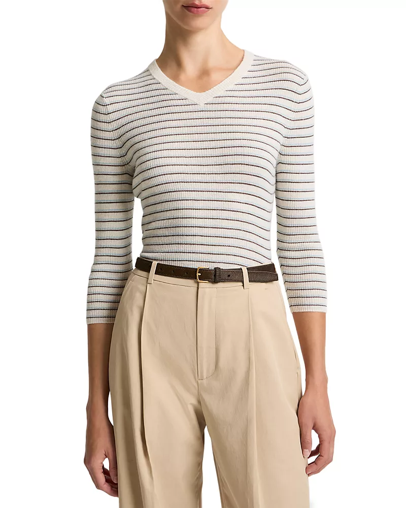 Vince Striped High V Neck Top