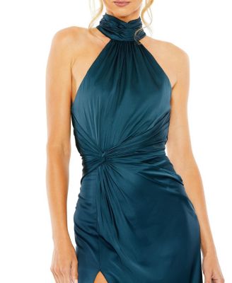  Petite Open Back High Neck Side Ruched Gown