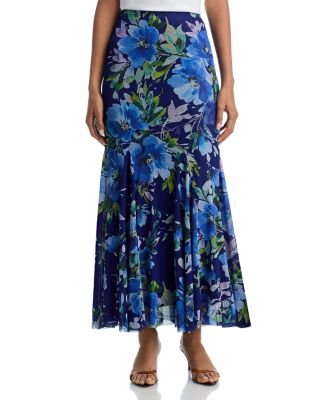 Floral Print Fishtail Mesh Maxi Skirt - Exclusive