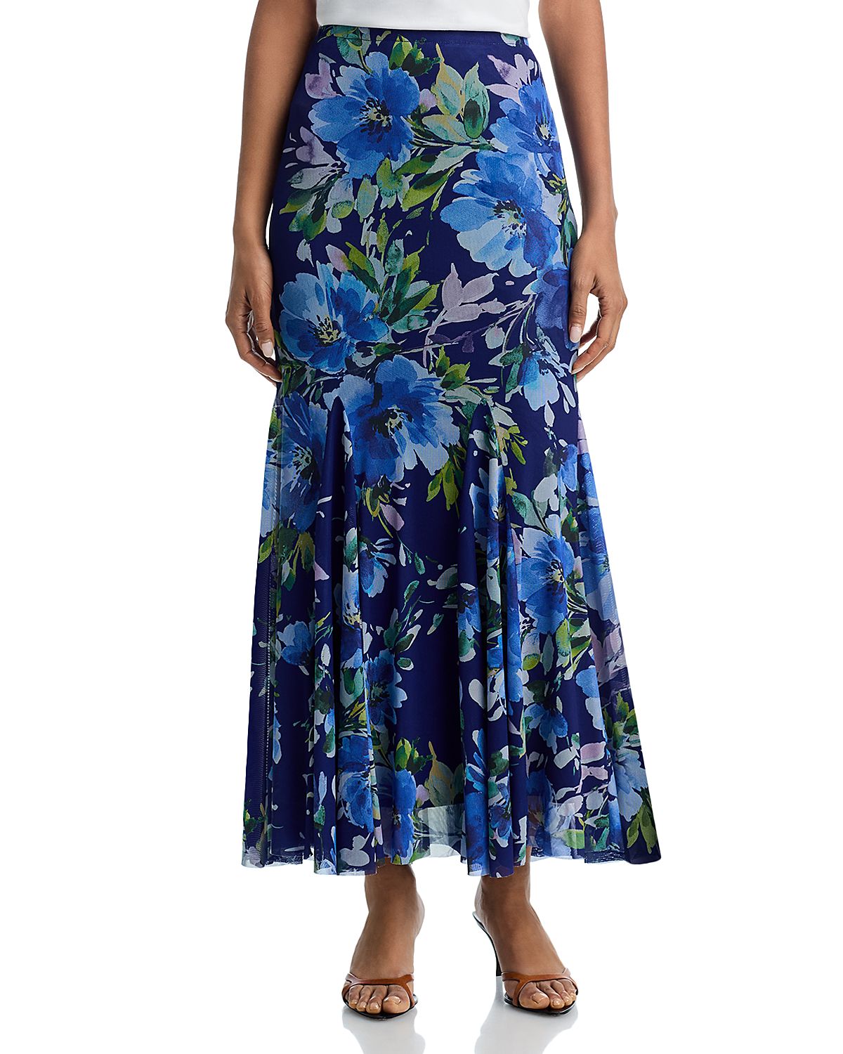Aqua Floral Print Fishtail Mesh Maxi Skirt - Exclusive