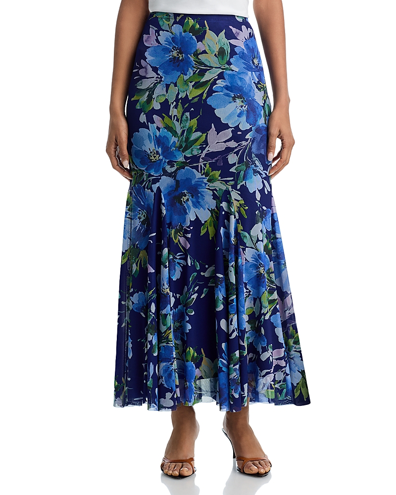 Aqua Floral Print Fishtail Mesh Maxi Skirt - Exclusive