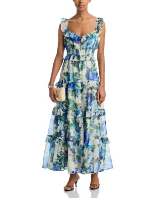 Floral Leaf Ruffle Smocked Maxi Dress - Exclusive 