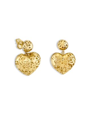 14K Yellow Gold Icons Heart & Bead Wallpaper Drop Earrings