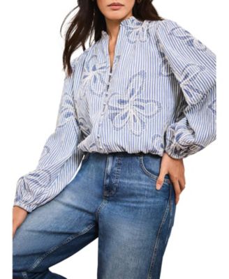  Women's Striped Embroidered Floral Blouse