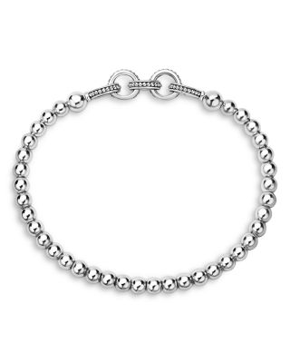 Sterling Silver Signature Caviar Interlocking Rings Beaded Stretch Bracelet