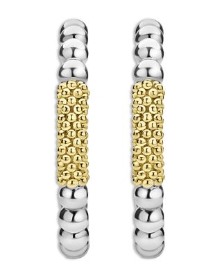 18K Yellow Gold & Sterling Silver Caviar Icon Bar Bead Hoop Earrings