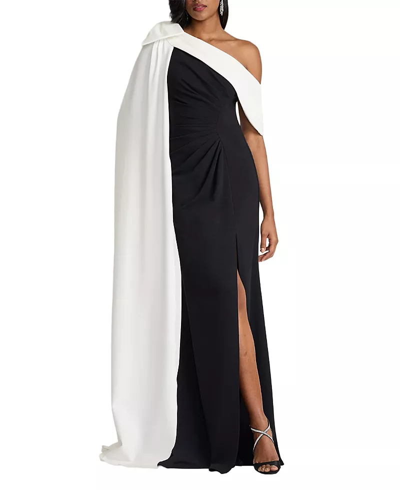Tadashi Shoji Romi One-Shoulder Bow Cape Gown