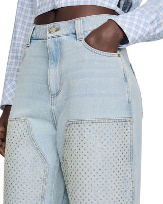 Landon High Rise Straight Leg Crystal Patch Jeans in Light Blue Jean