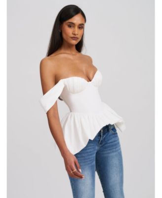  Qistina Off-Shoulder Bubble Hem Peplum Cotton Top
