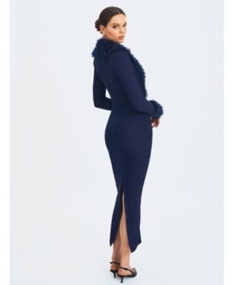  Romina Plunging Faux Fur Trimmed Crochet Maxi Dress