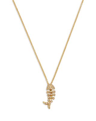 Diamond Fishbone Pendant Necklace in 14K Yellow Gold, 0.18 tcw