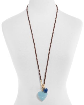 Long Happy Cord Blue Heart Duo Pendant Necklace, 34"