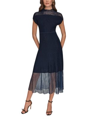 Sheer Panel Mock Neck Midi Sweater Dress