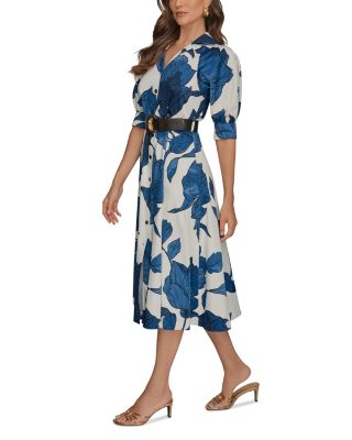 Printed Elbow Sleeve Belted Shirt Dress