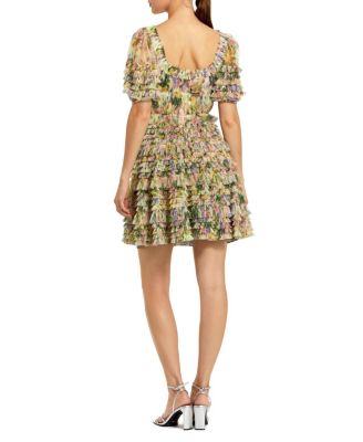 Floral Mesh Puff Sleeve Ruffle Mini Dress