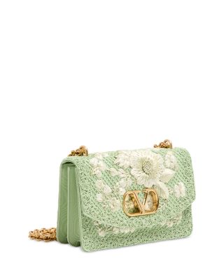 VLogo Raffia Flower & Beaded Green Shoulder Bag