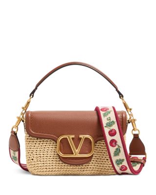 VLogo Leather & Crochet Raffia Shoulder Bag