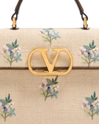 Small VLogo Floral Embroidered Linen Handbag