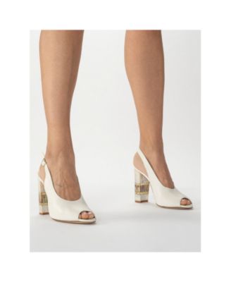  Women's Zara White Slingback Peep Toe Pearl Heel Sandal