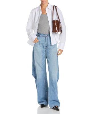 Mid Waist Relaxed Curve Deconstructed Jeans in Mid Blue