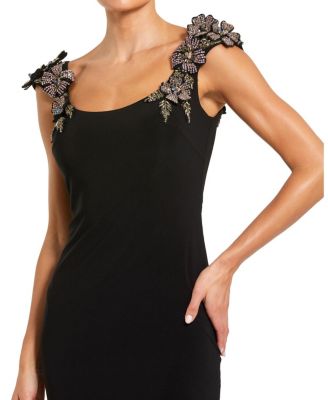 Jersey Scoop Neck Gown with 3D Flower Details
