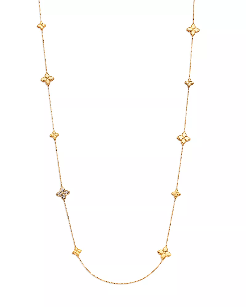 Roberto Coin 18K White & Yellow Gold Princess Flower Diamond Long Station Necklace, 34