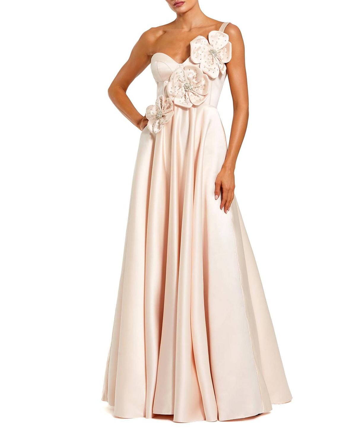 Mac Duggal Strapless Satin Bustier Gown with 3D Flowers