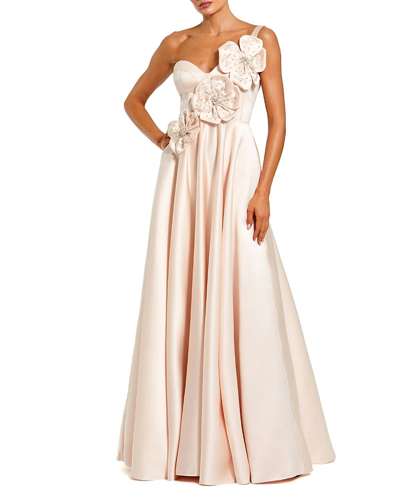 Mac Duggal Strapless Satin Bustier Gown with 3D Flowers