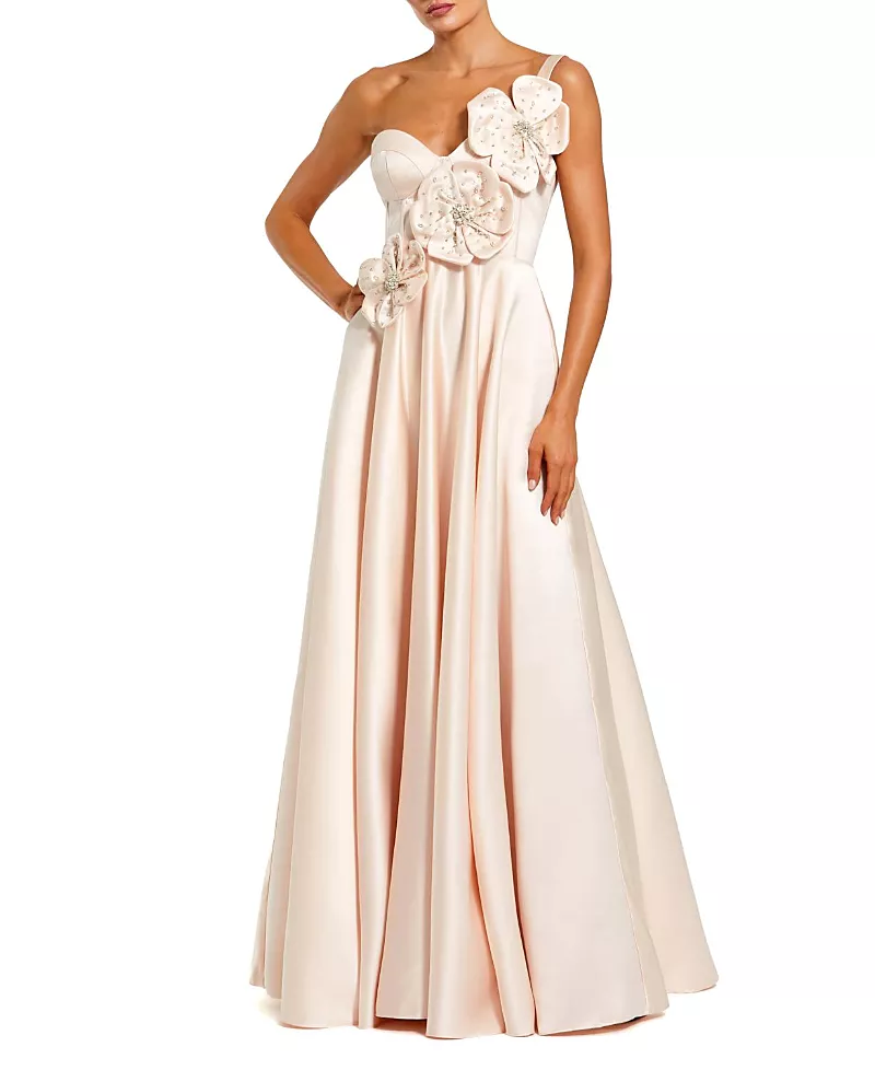 Mac Duggal Strapless Satin Bustier Gown with 3D Flowers