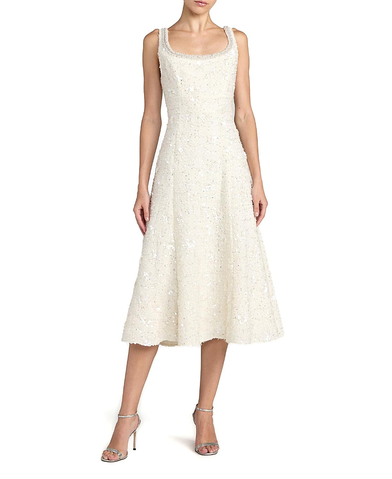 Mac Duggal Boucle Embellished Square Neck A Line Midi Dress