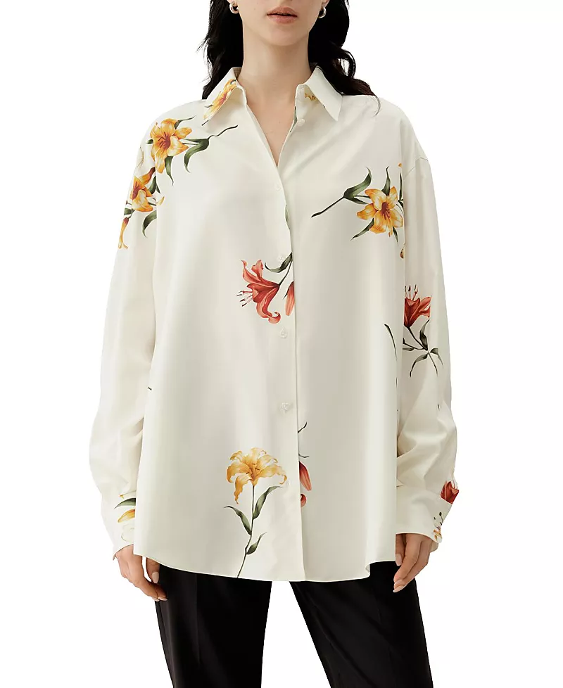 Lilysilk Lily Print Silk Twill Oversize Shirt