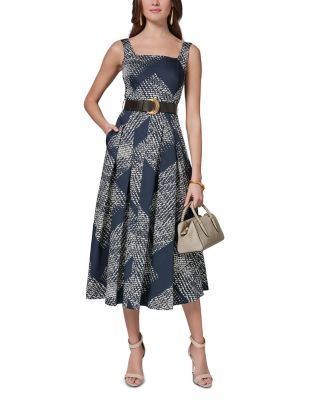 Printed Square Neck Belted Midi Dress