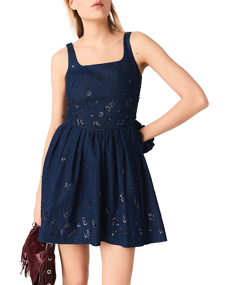 Maje Flared Embroidered Denim Dress