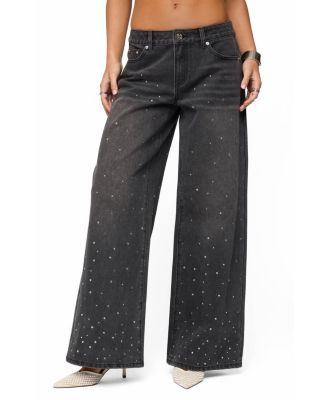  Rhinestone Washed Low Rise Baggy Jeans